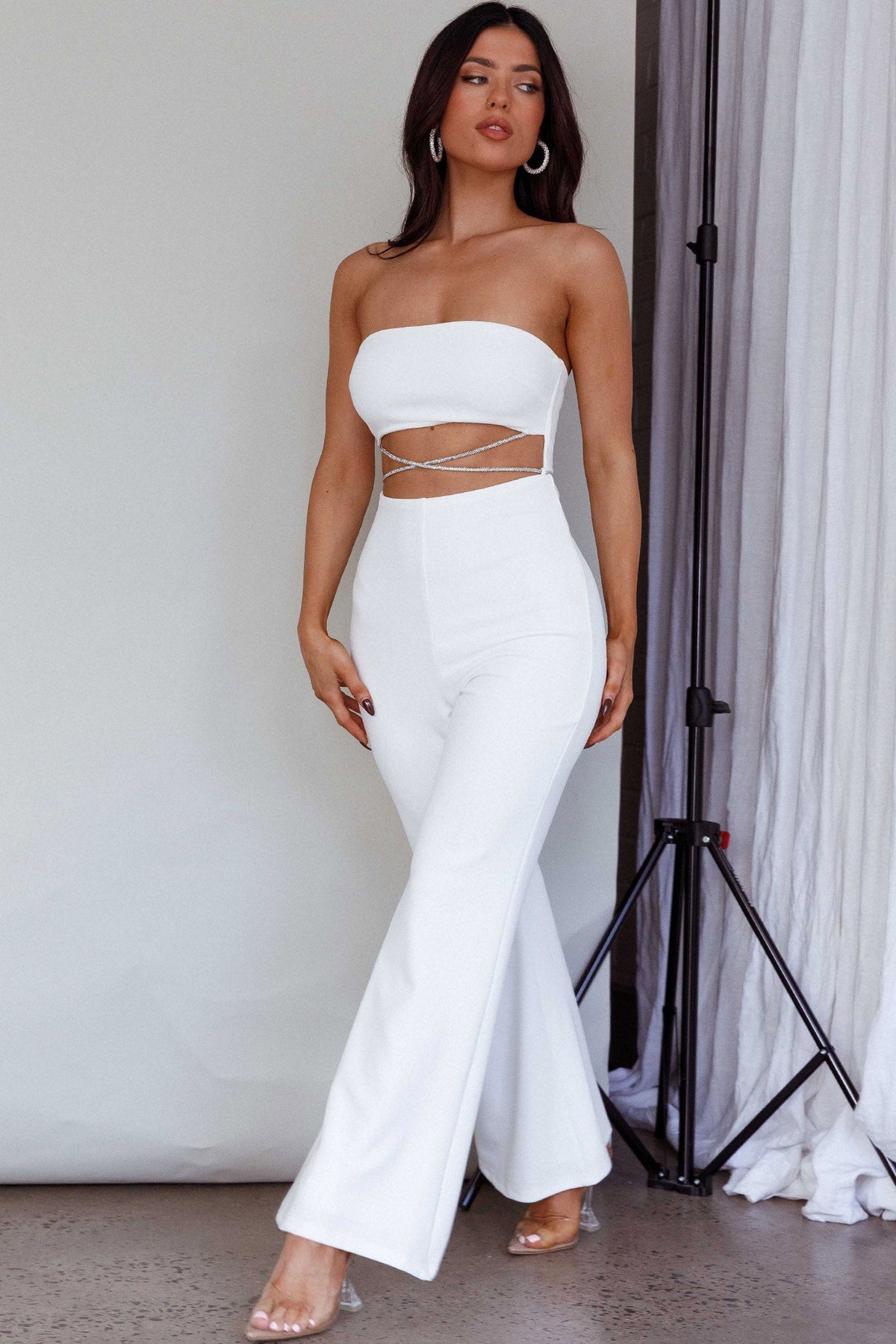 Nohemi Strapless Diamante Jumpsuit White