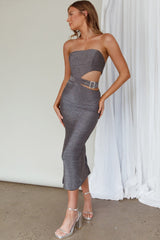 Glisten Cut-Out Buckle Waist Midi Dress Silver