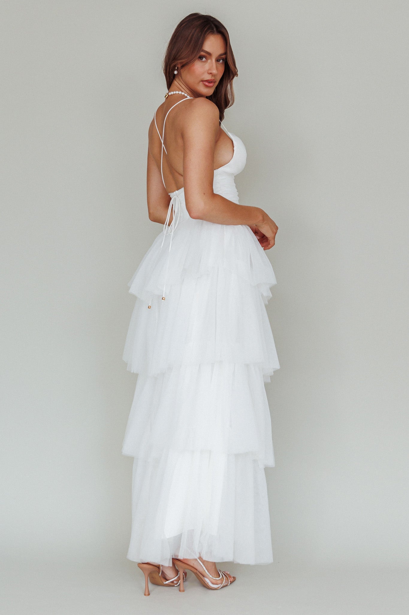 Nightingale Tiered Mesh Maxi Dress White
