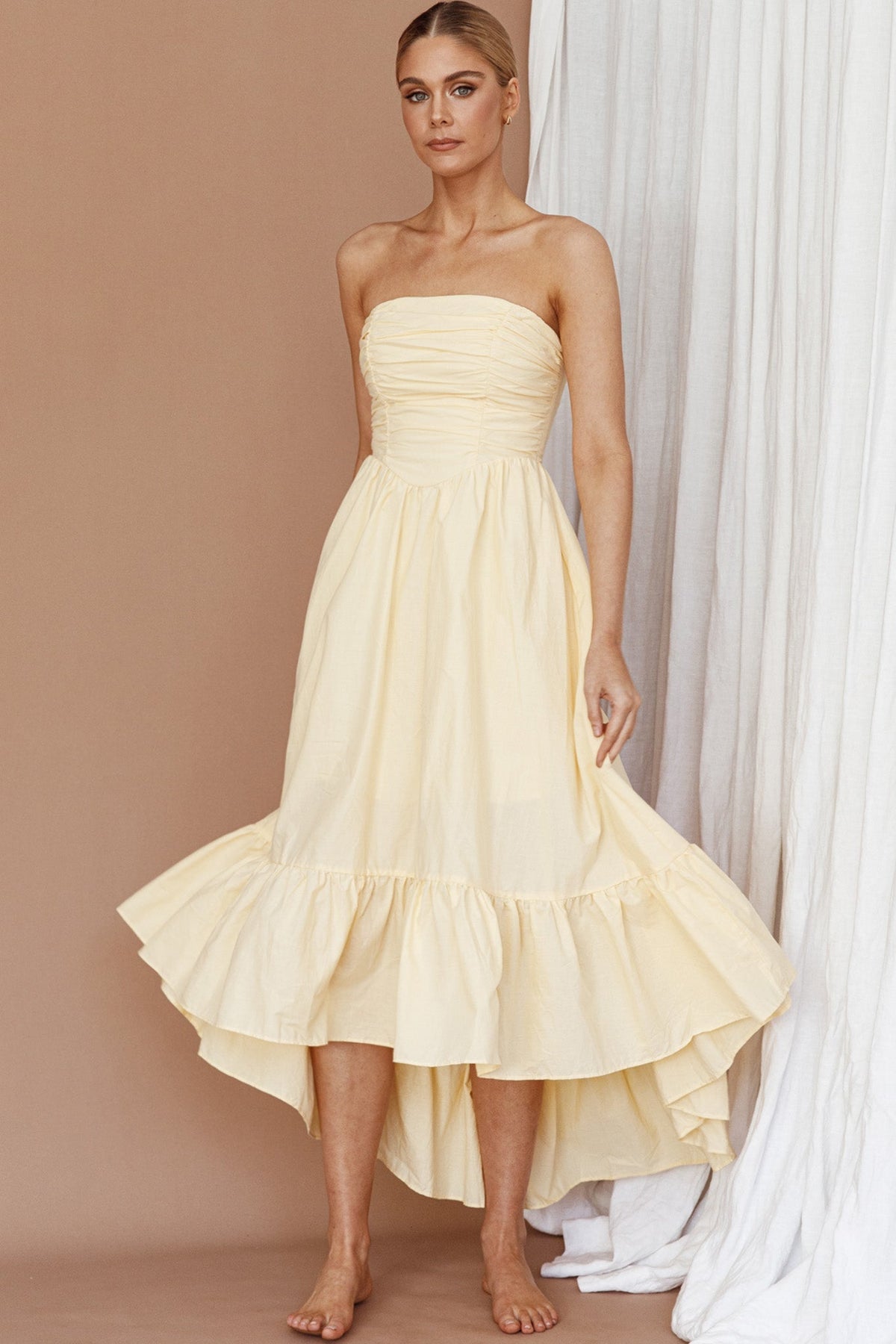Sunday Mornings Ruched Bust Midi Dress Lemon