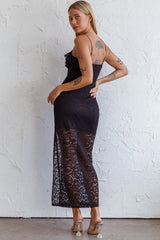 Evaleigh Frill Trim Lace Midi Dress Black