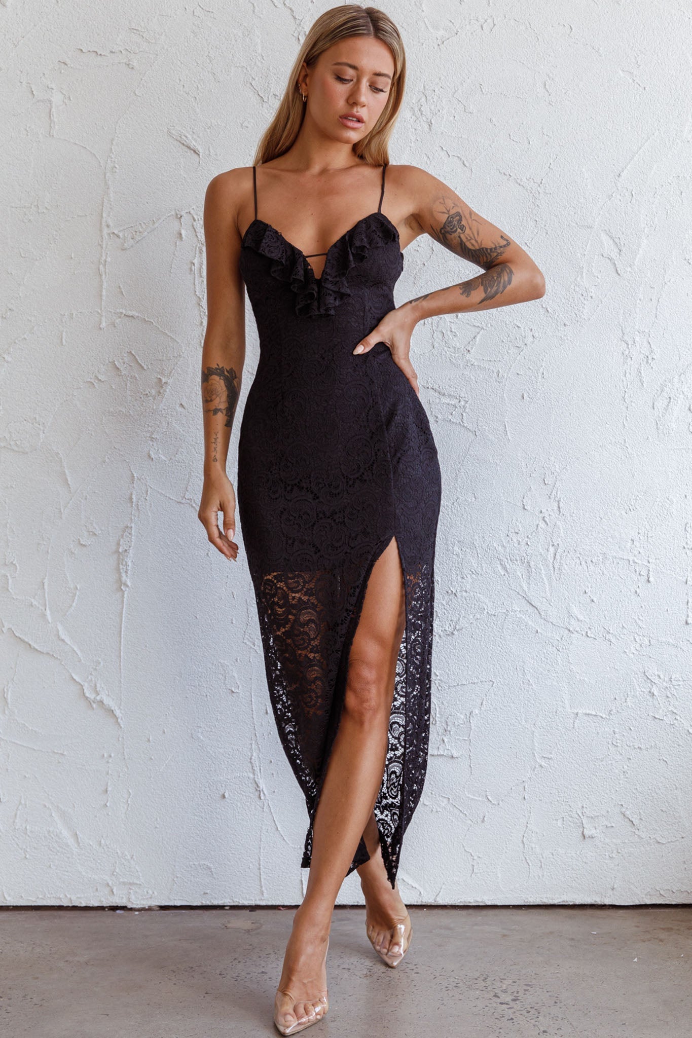 Evaleigh Frill Trim Lace Midi Dress Black