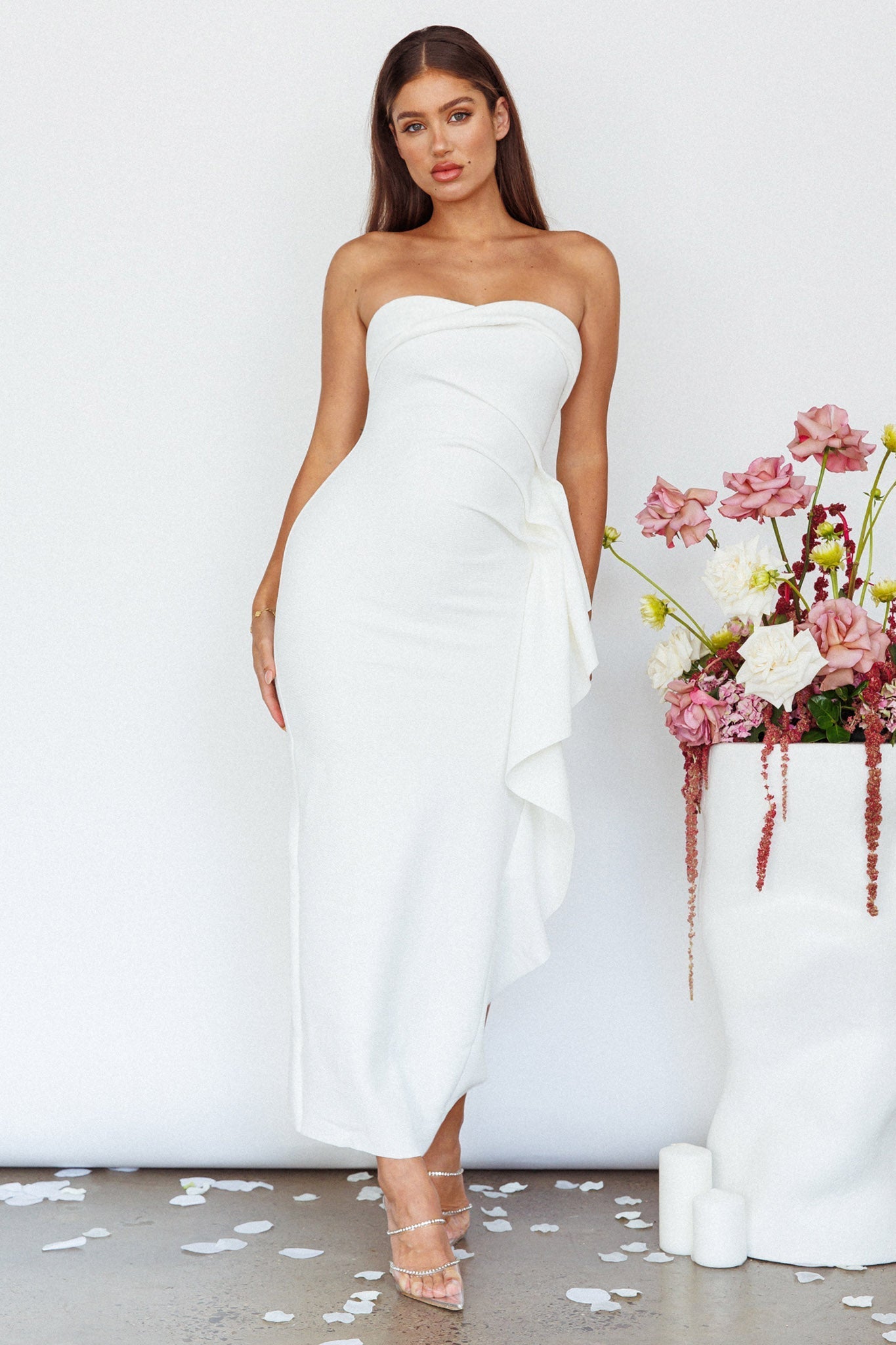 Sasha Cascade Ruffle Midi Dress White