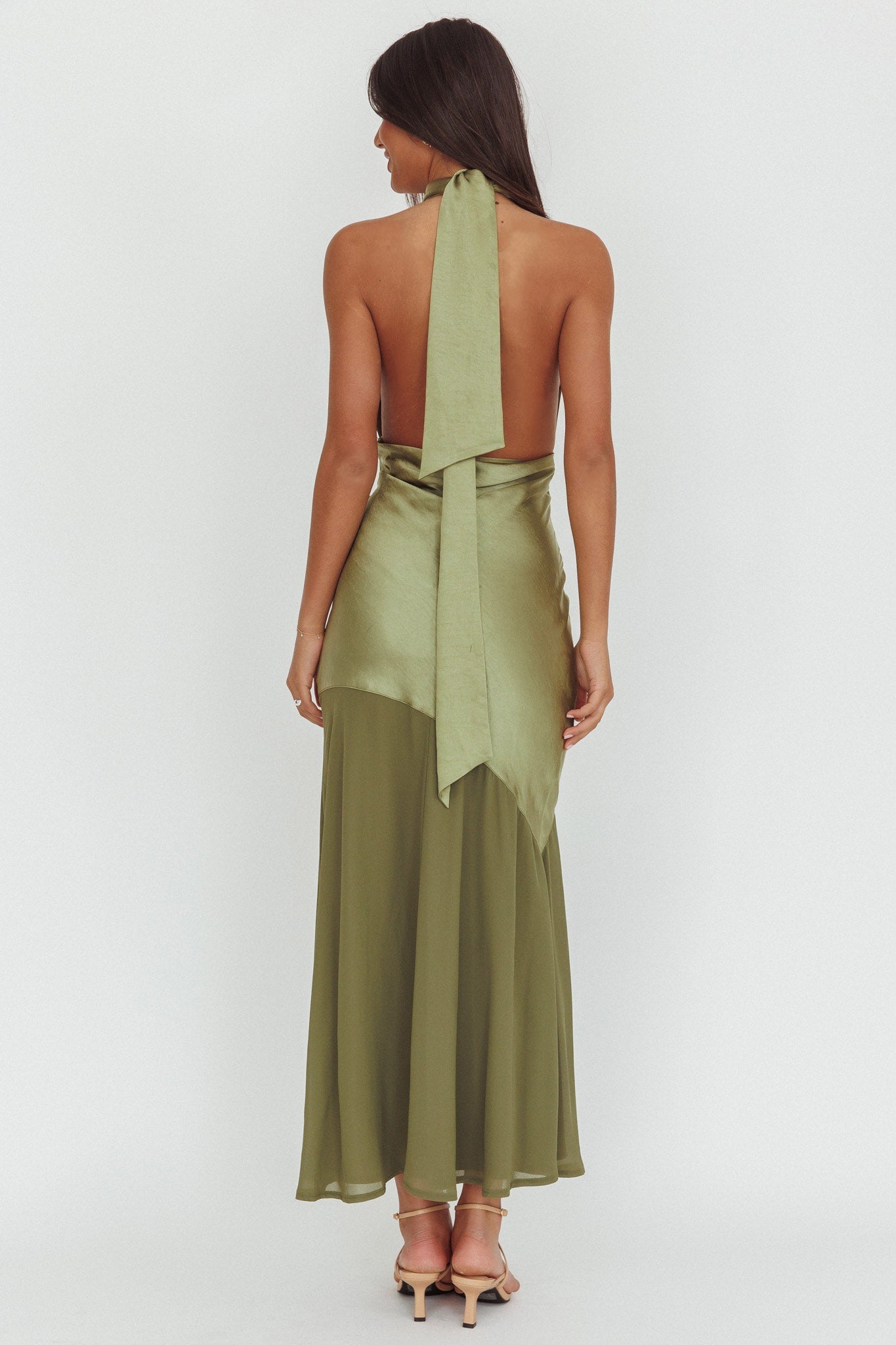 Italia Azure Halterneck Sheer Hem Maxi Dress Olive
