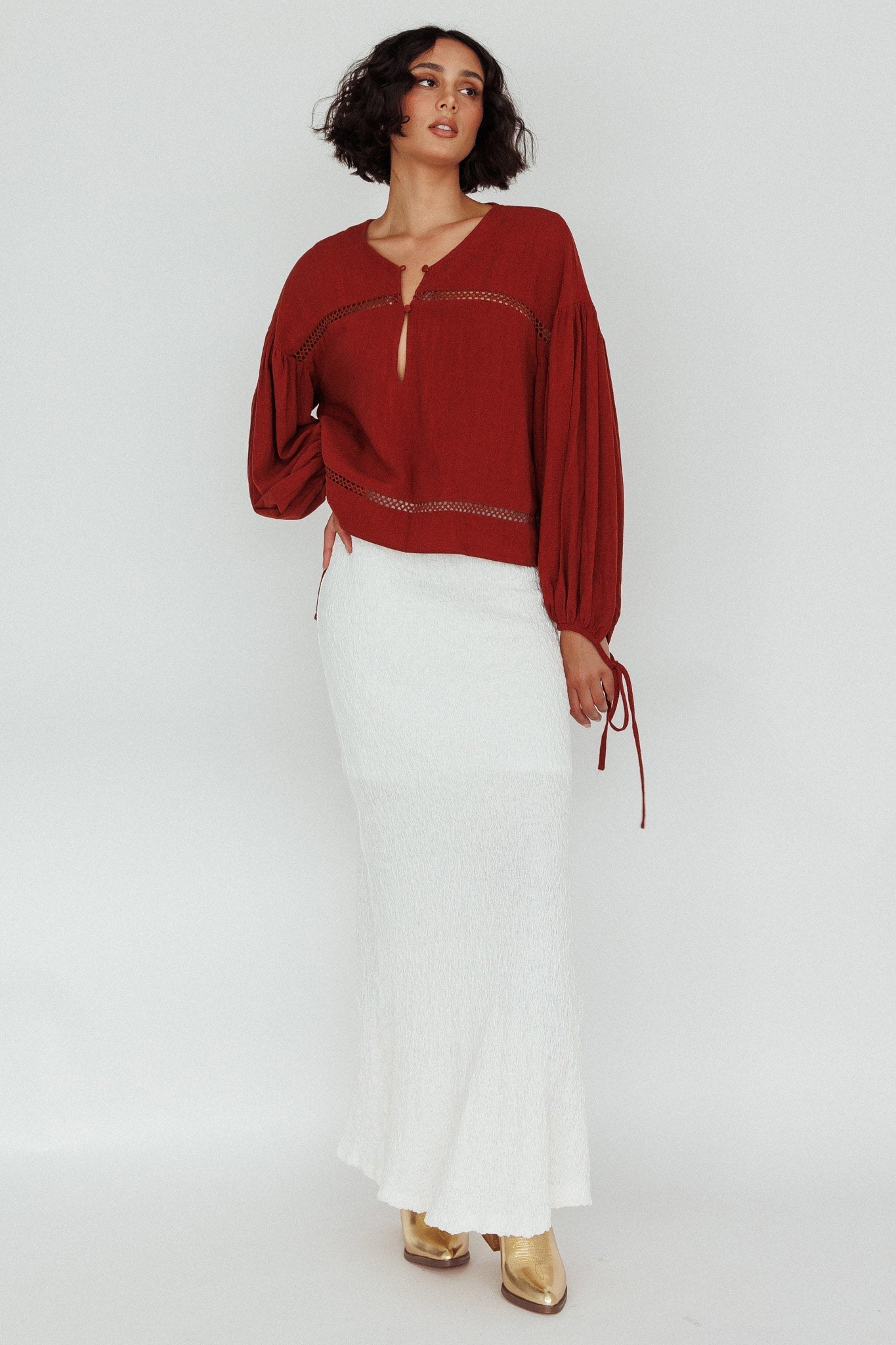 Waltz Long Sleeve Embroidery Trim Top Tobacco