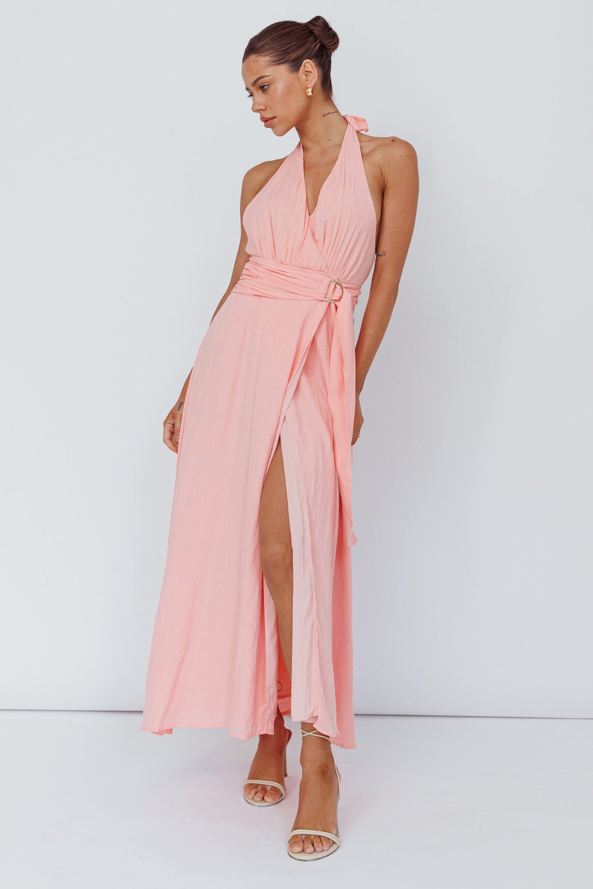Spring Feels Halterneck Belt Maxi Dress Peach
