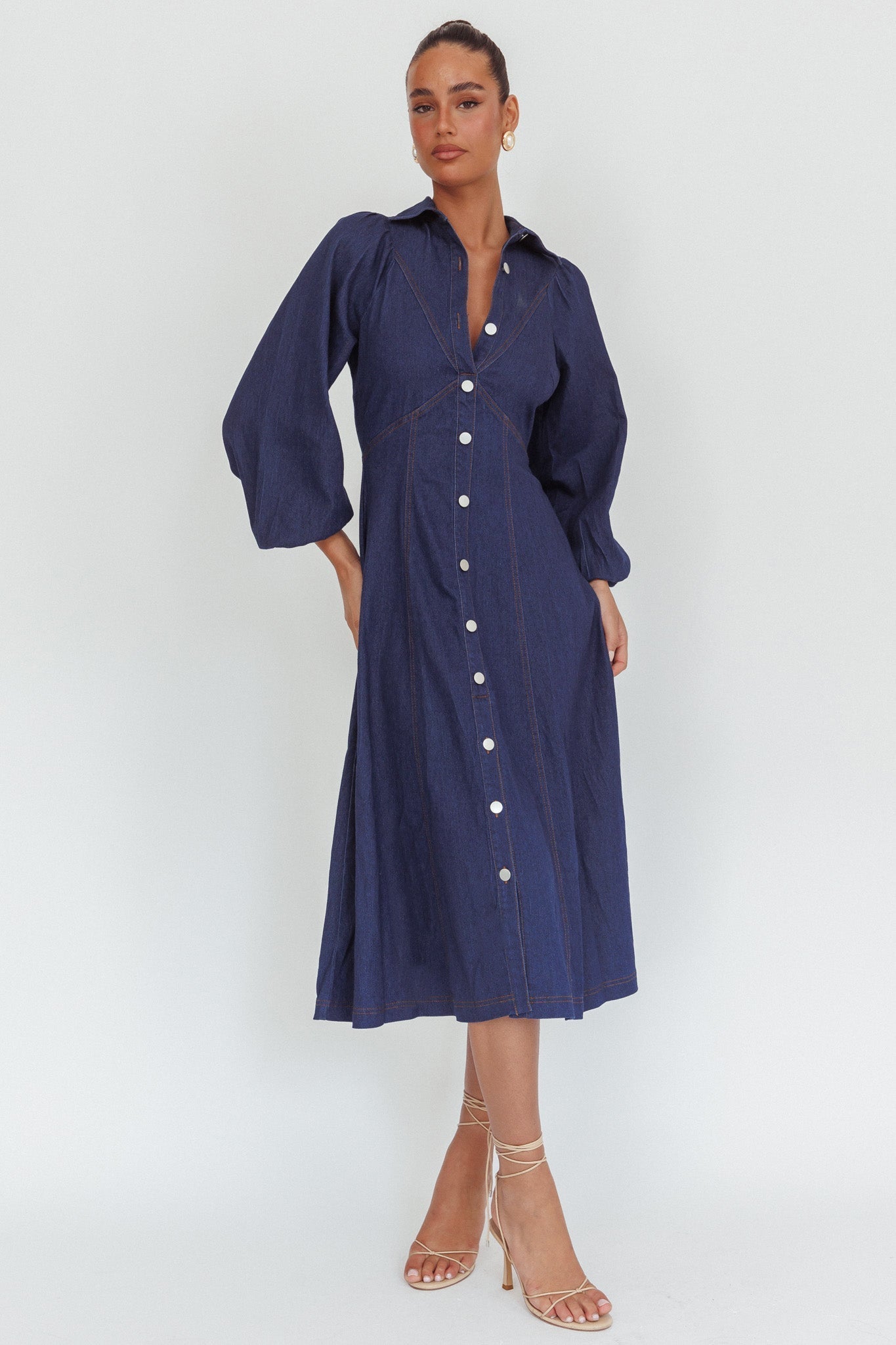 Ania Long Balloon Style Midi Dress Dark Denim