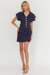 Over It Short Sleeve Button Top Denim