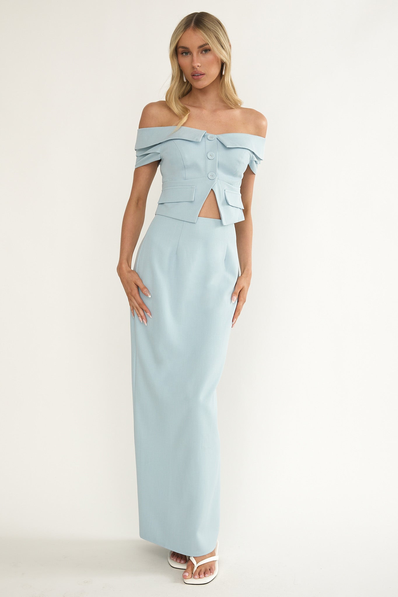 Maelie Foldover Off-Shoulder Top Blue