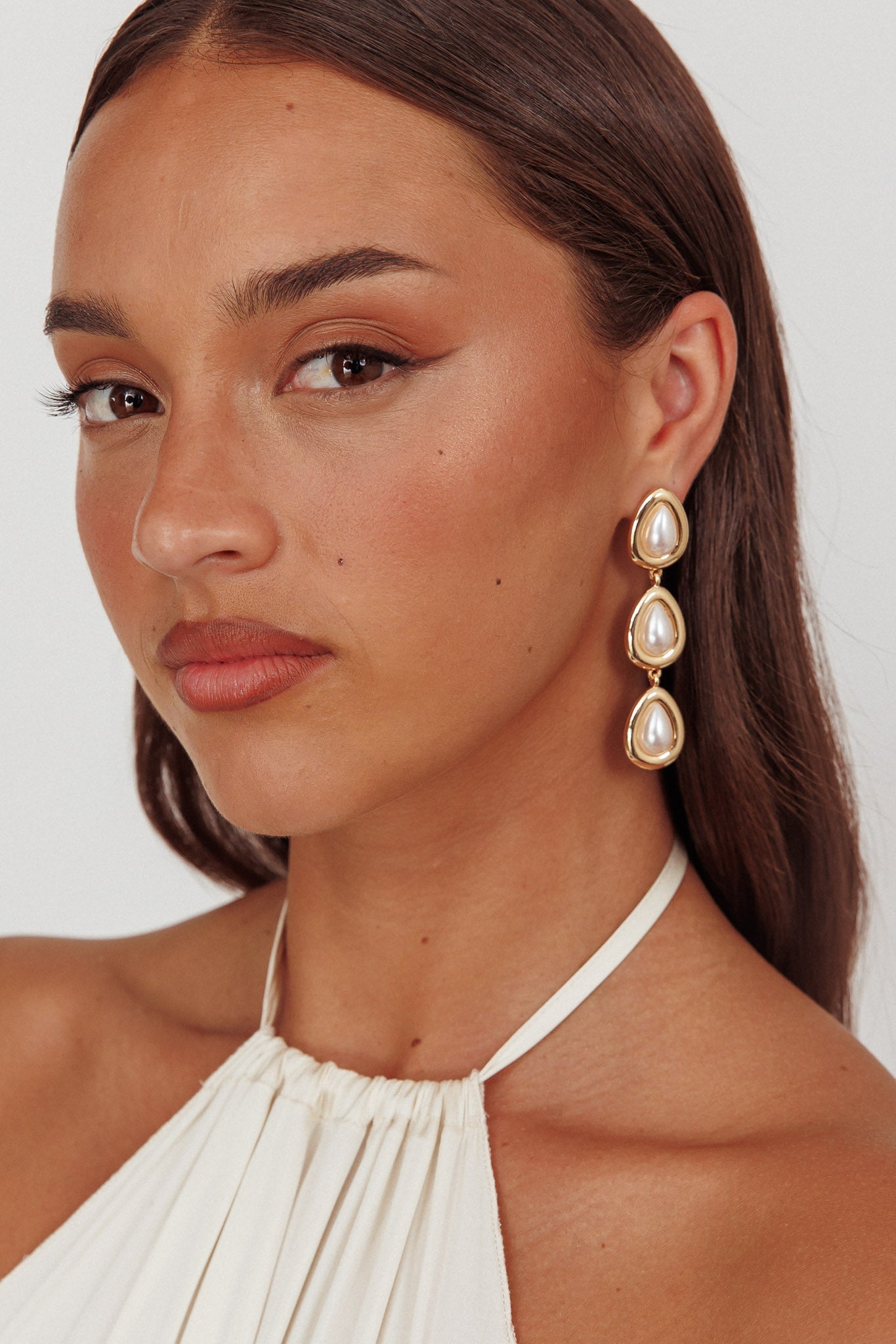 Marion Triple Droplet Earrings Gold Pearl