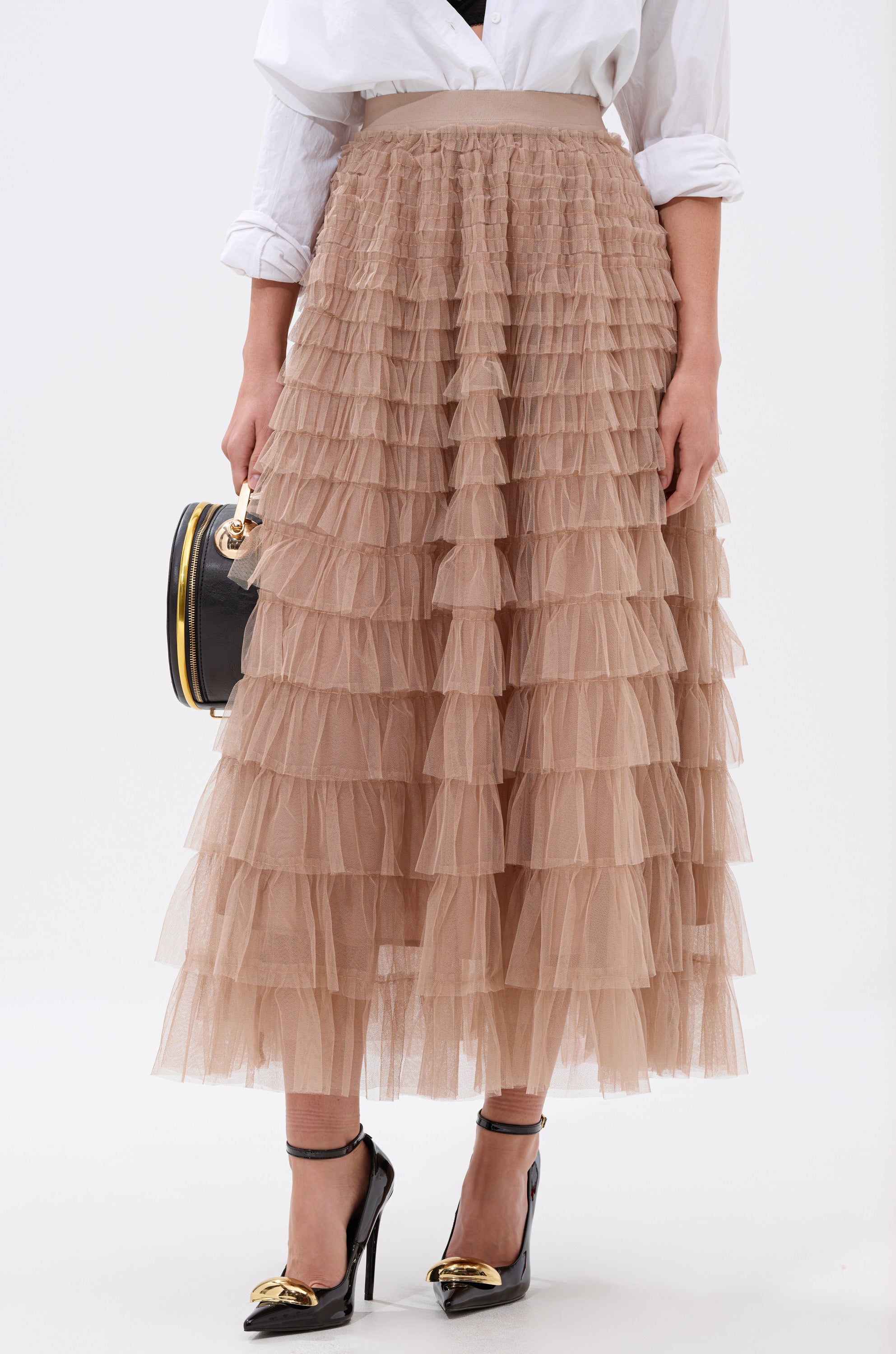 STARS ALIGNED MESH RUFFLE MAXI SKIRT