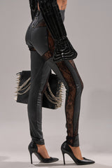 LACE DETAIL PANELED FAUX LEATHER LEGGINGS IN BLACK