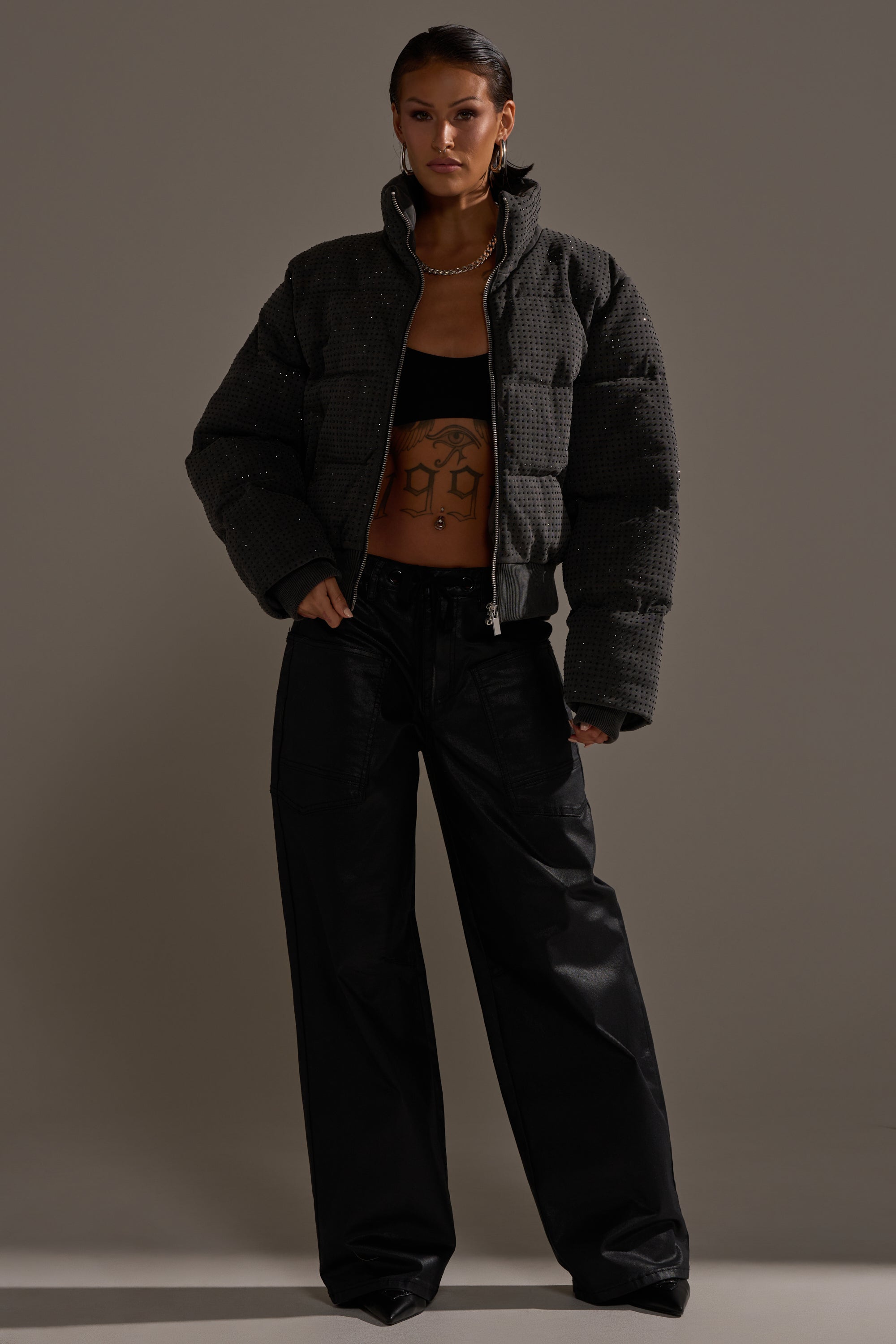 DONT GIVE UP COATED WIDE LEG DENIM WITH GROMMET