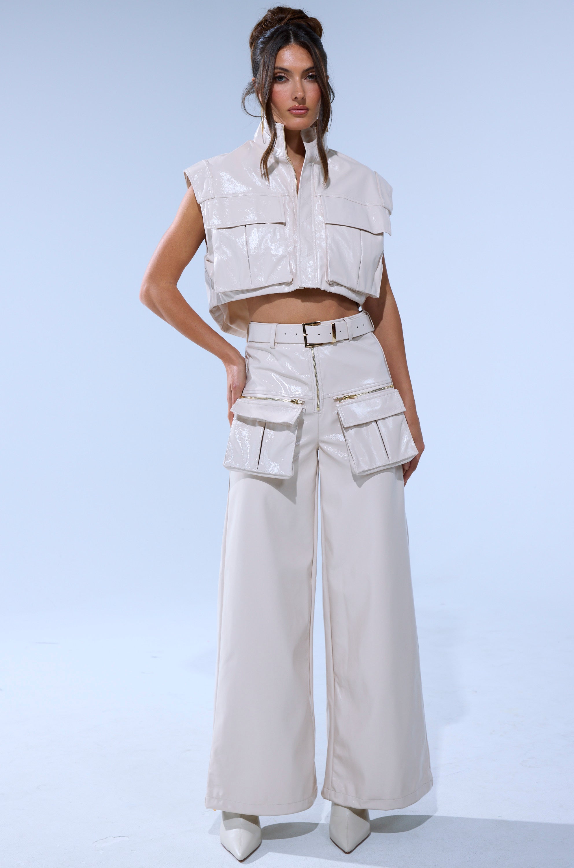 SHOW STOPPER FAUX LEATHER ZIP UP TOP