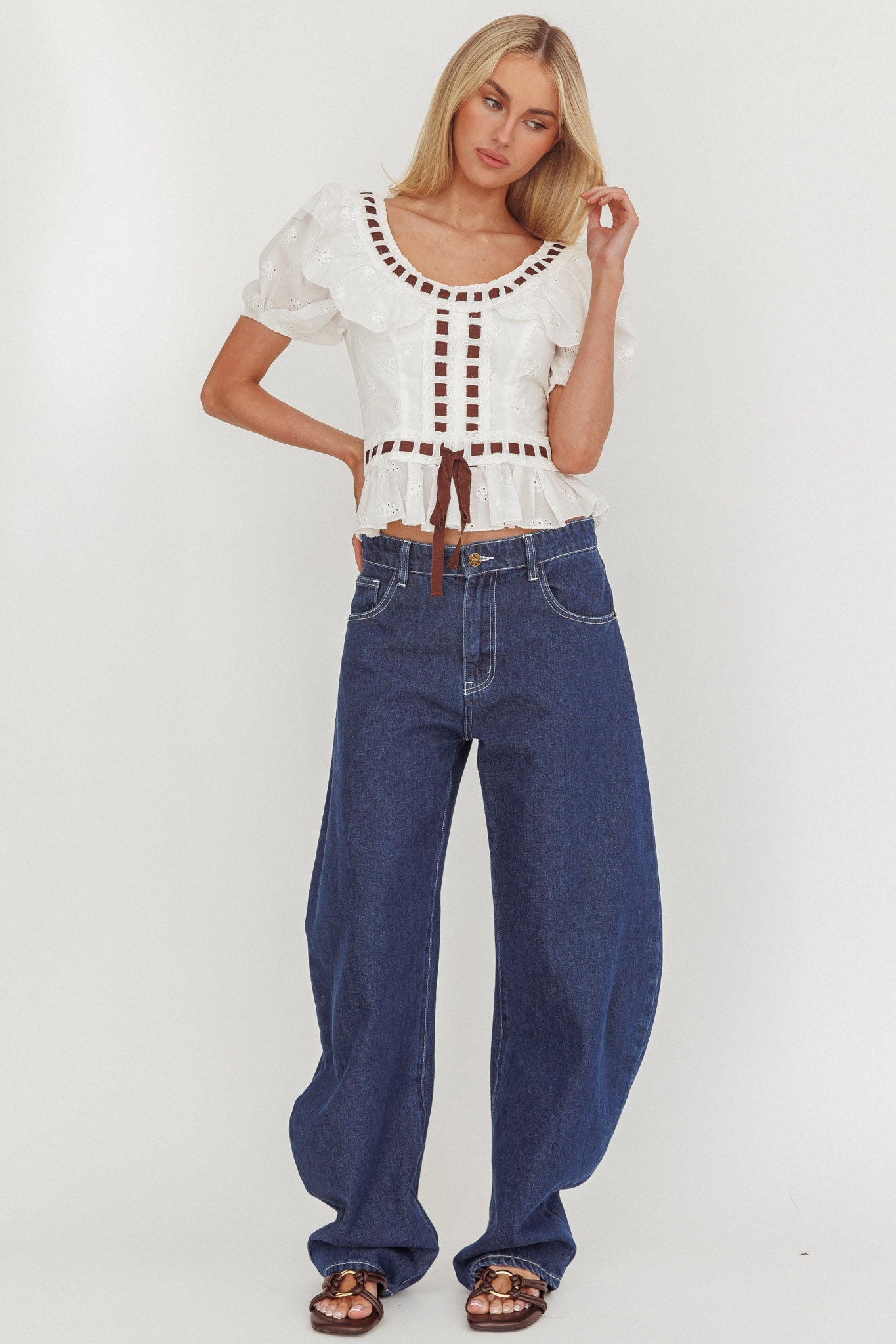 Solea Frill Collar Eyelet Top White