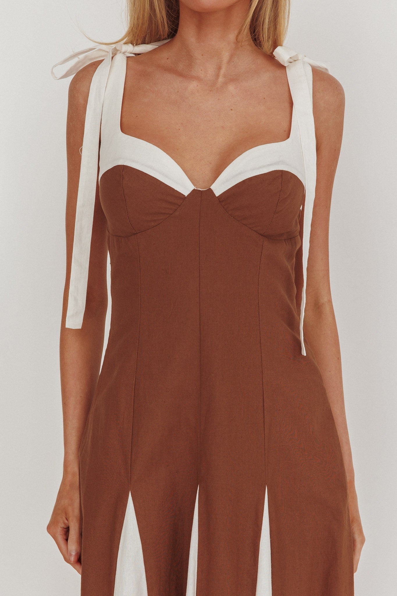 Marisa Tied Shoulder Godet Hem Maxi Dress Contrast Chocolate