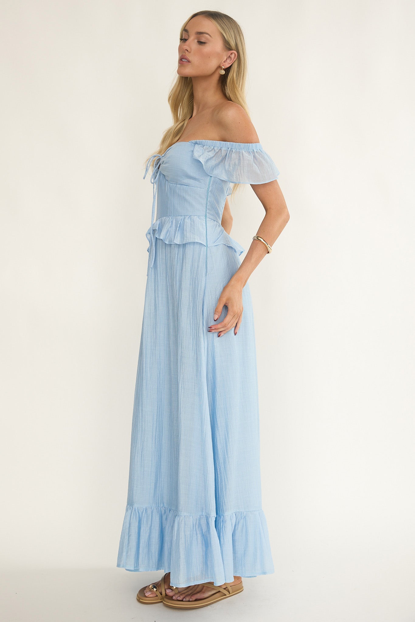 Hanalei Off-Shoulder Tied Bust Maxi Dress Light Blue