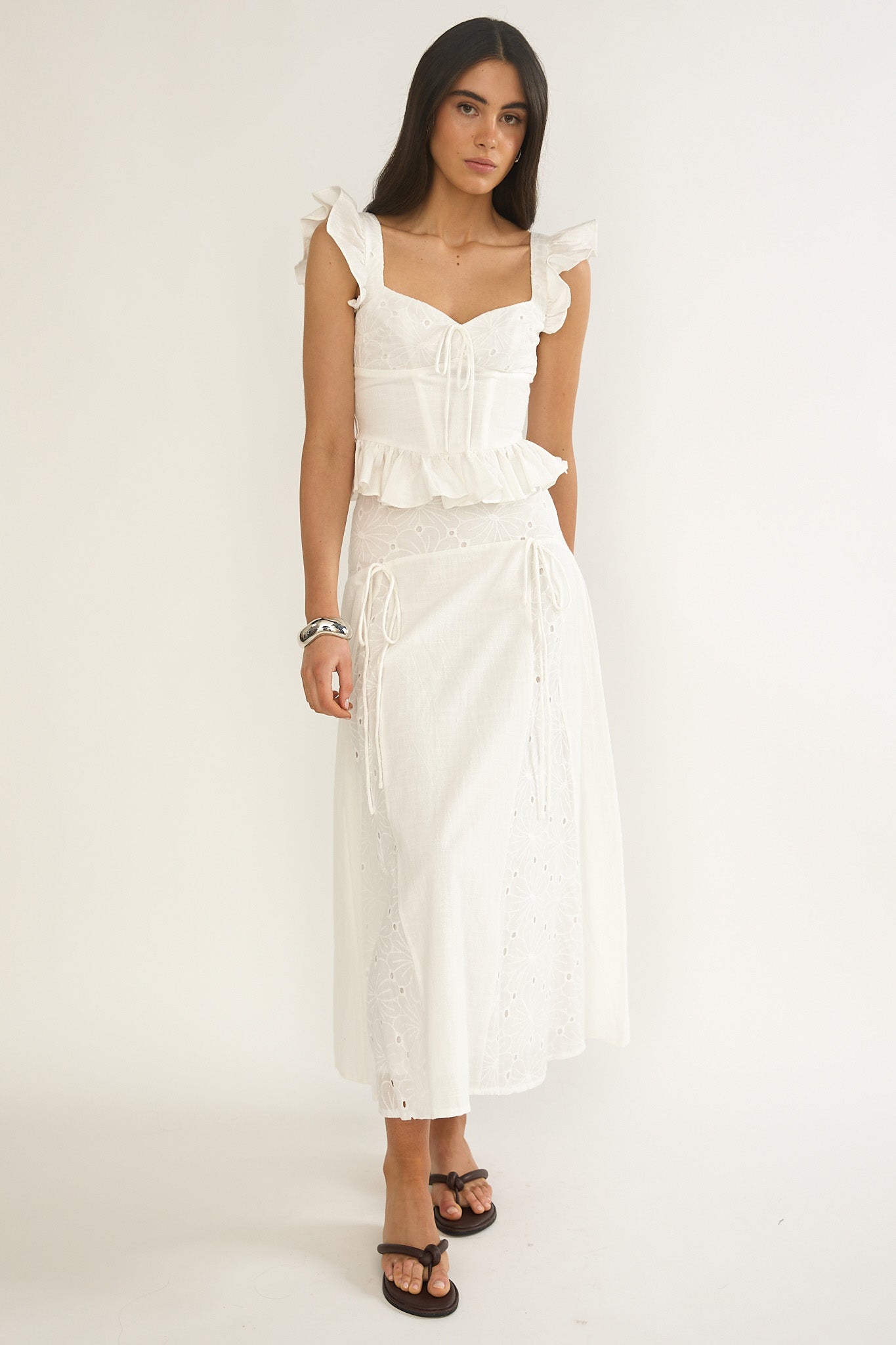 Danette String Tie Embroidery Maxi Skirt White