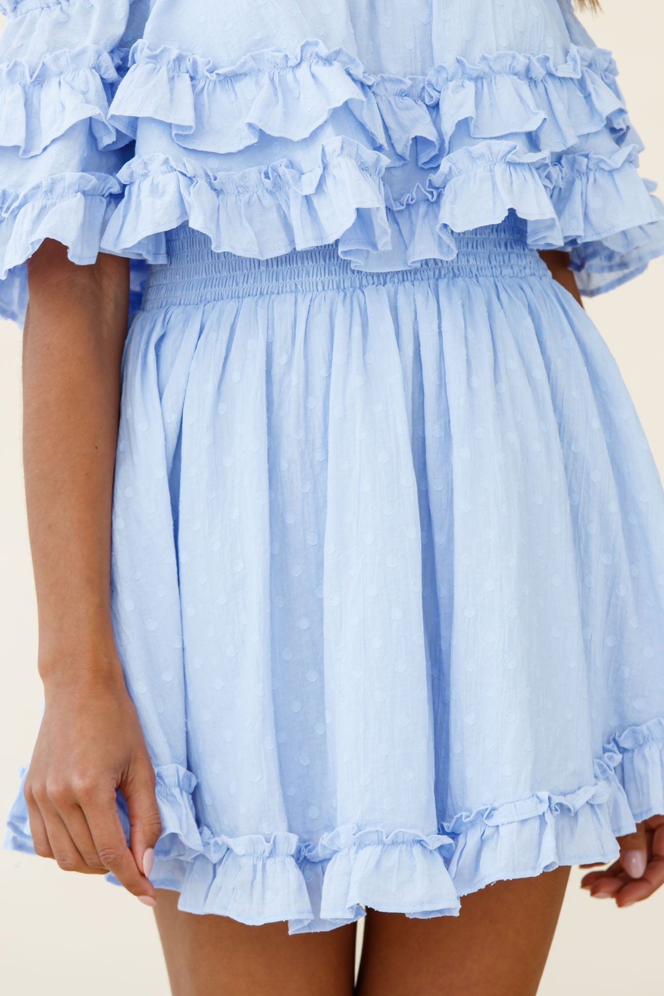 Meet Me At Sunset Bardot Neckline Frill Trim Dress Spotty Steel Blue