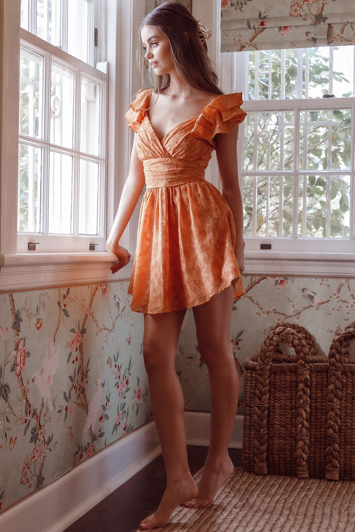 Lola Ruffle Shoulder Ruched Dress Textured Orange