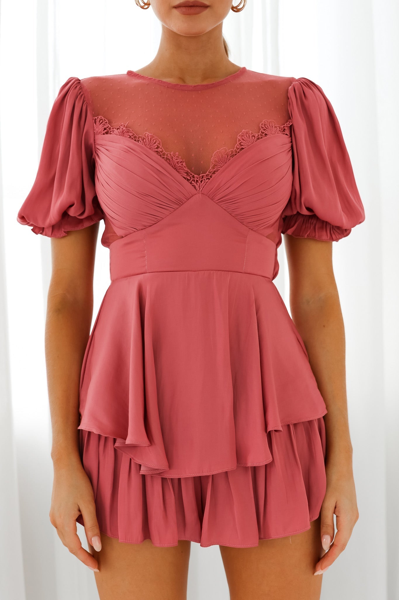 L'amour Lace Mesh Bust Puff Sleeve Romper Rose