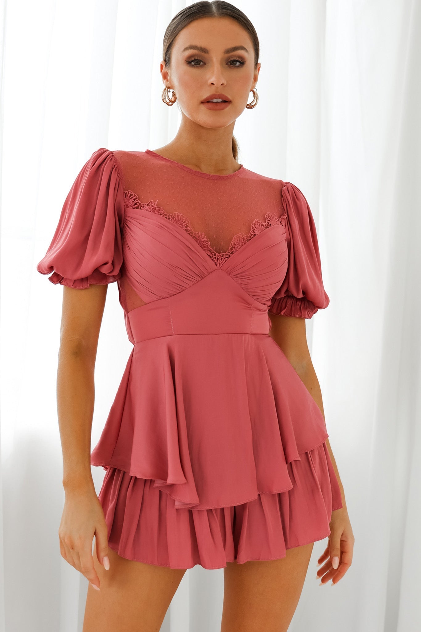 L'amour Lace Mesh Bust Puff Sleeve Romper Rose