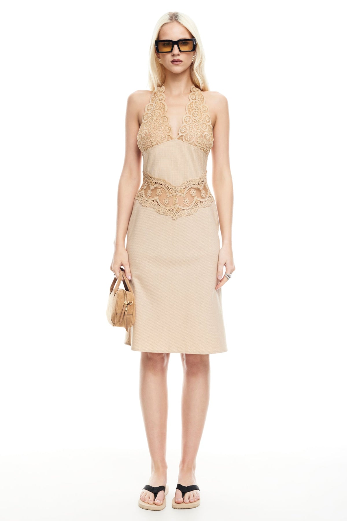 LIONESS Solana Midi Dress Beige Plaid
