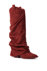 AZALEA WANG LETTICE BURGUNDY FAUX SUEDE WESTERN BOOT