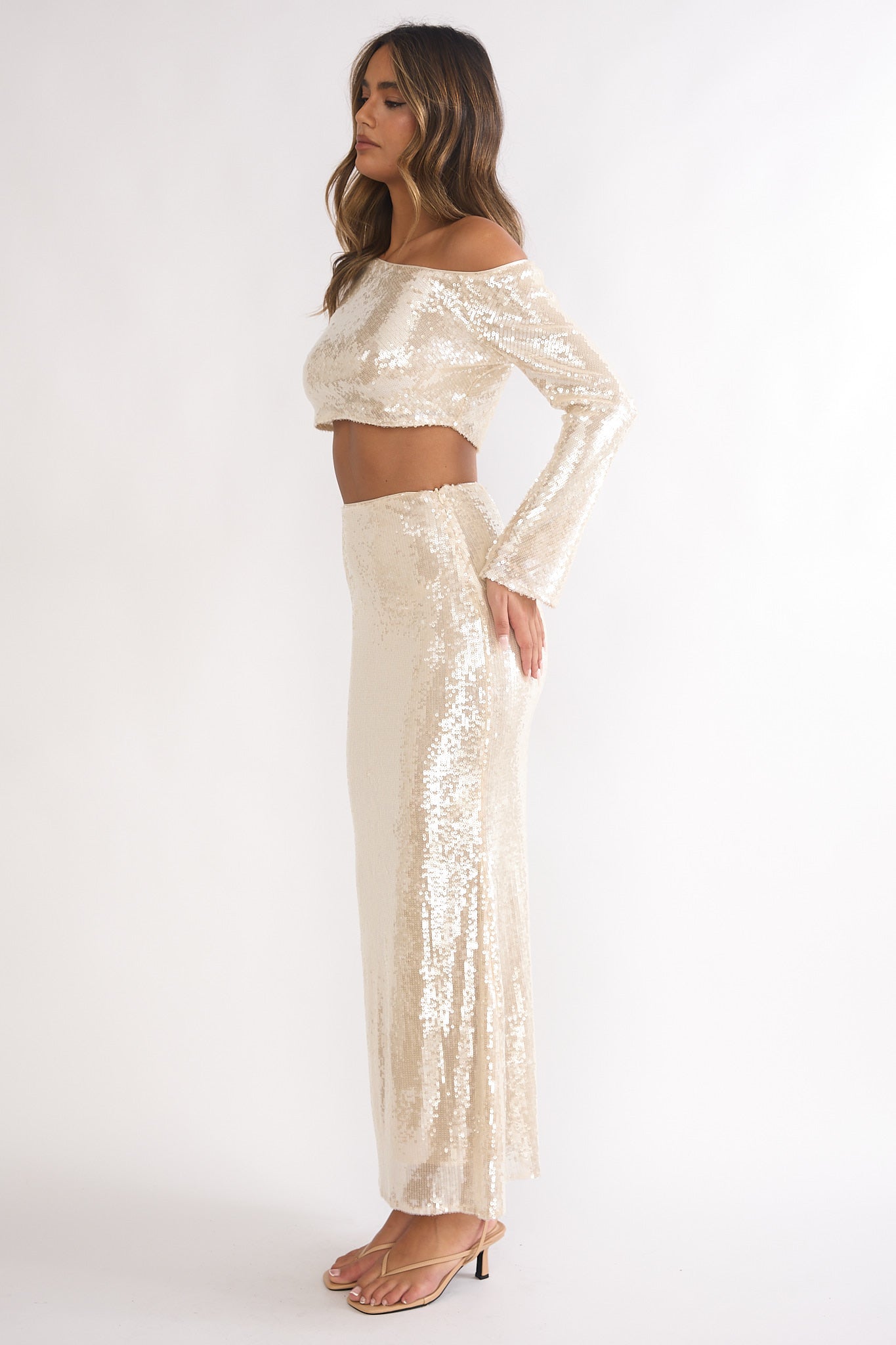 Crystalline Sequin Maxi Skirt Champagne