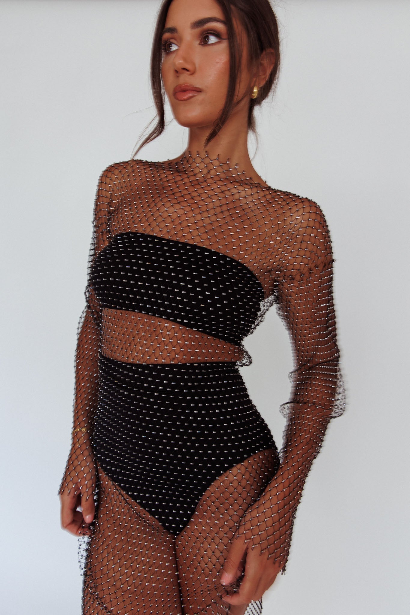 Cosmic Girl Diamante Net Midi Dress Black