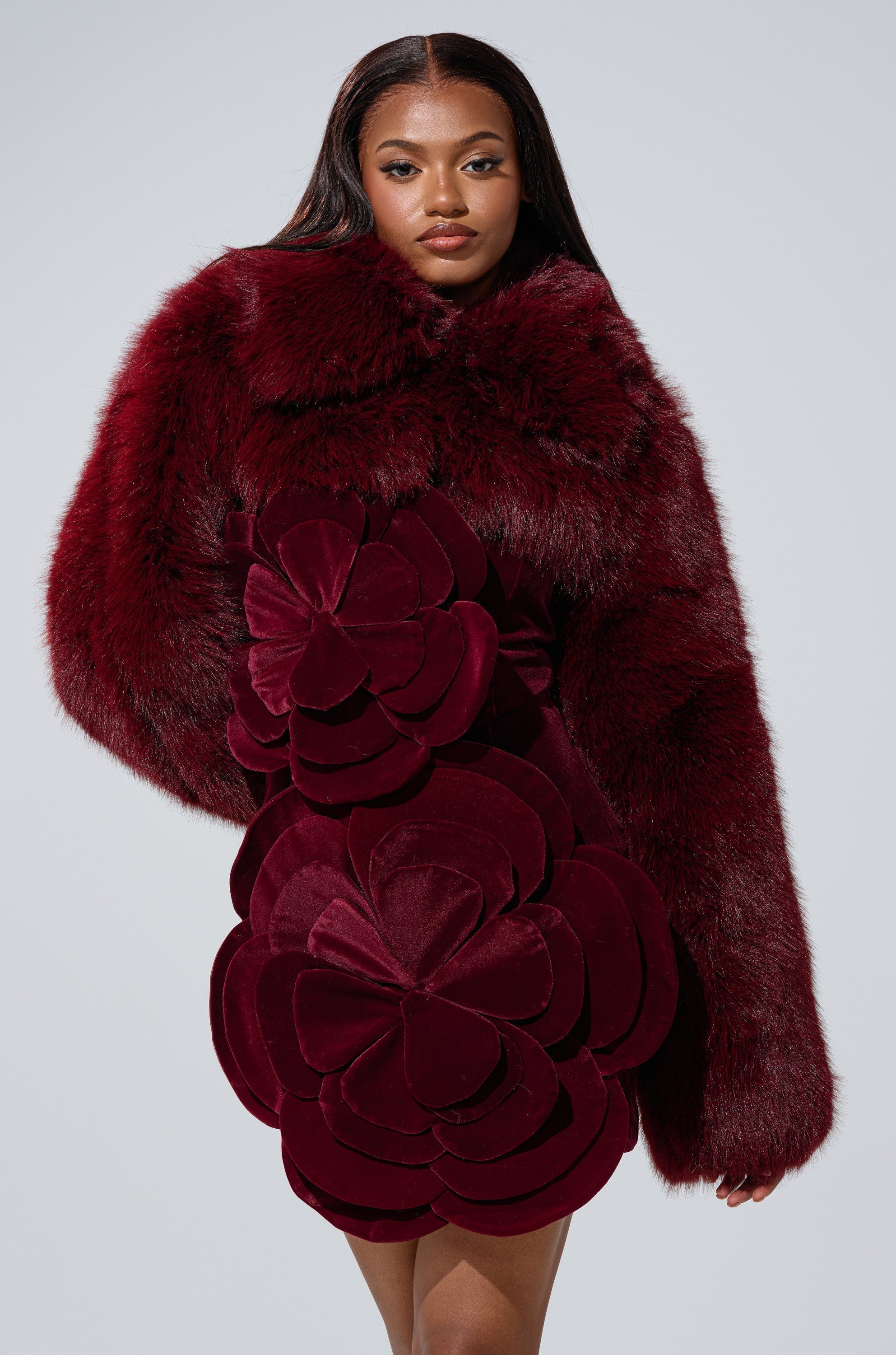 LEILA ULTRA CROP FAUX FUR IN BURGUNDY