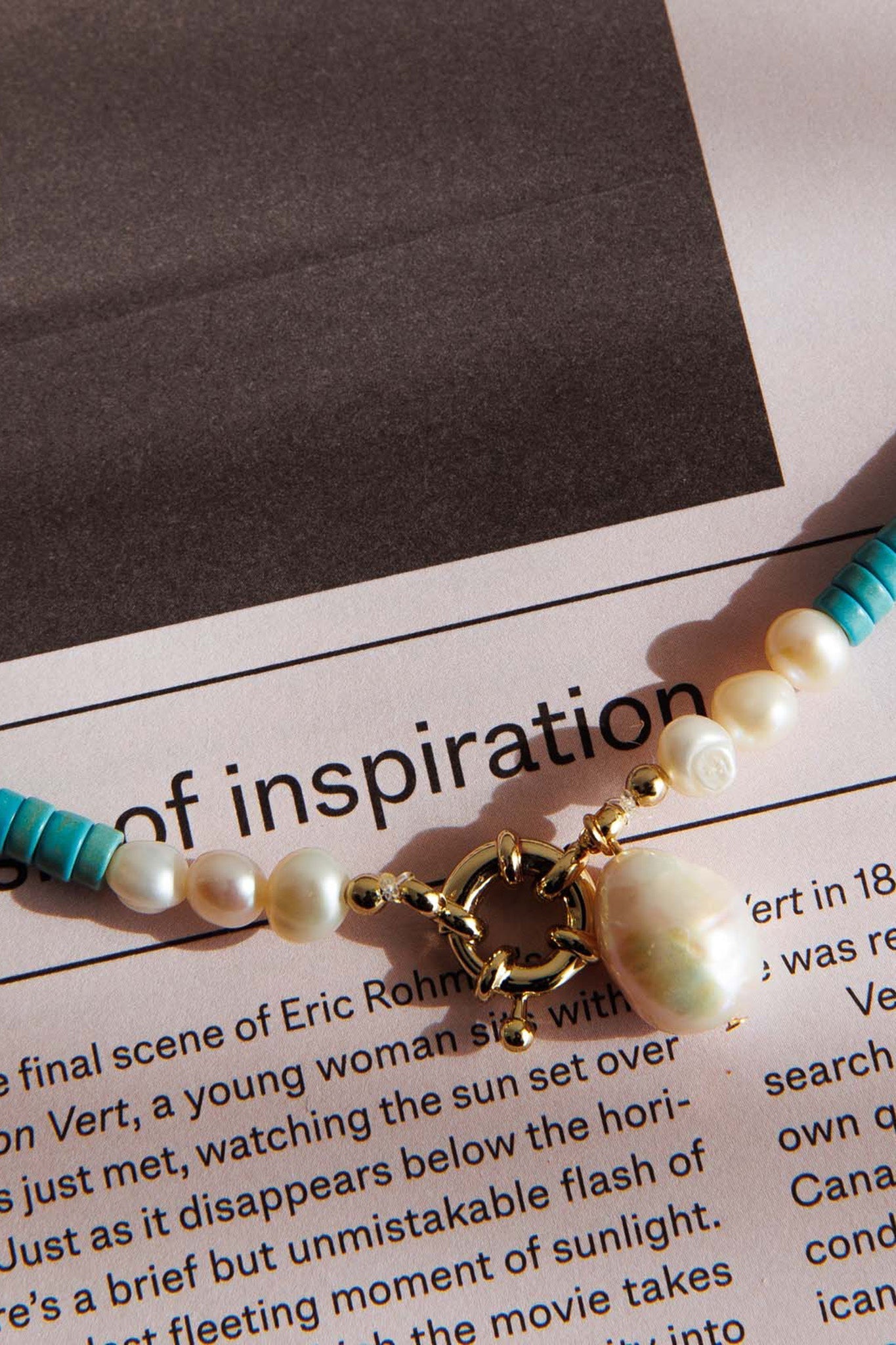 Monaco Pearl Turquoise Bead Necklace Gold