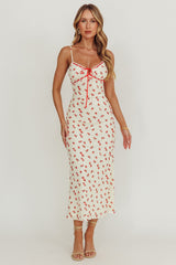 Heart Ablaze Strawberry Cherry Print Midi Dress Cream