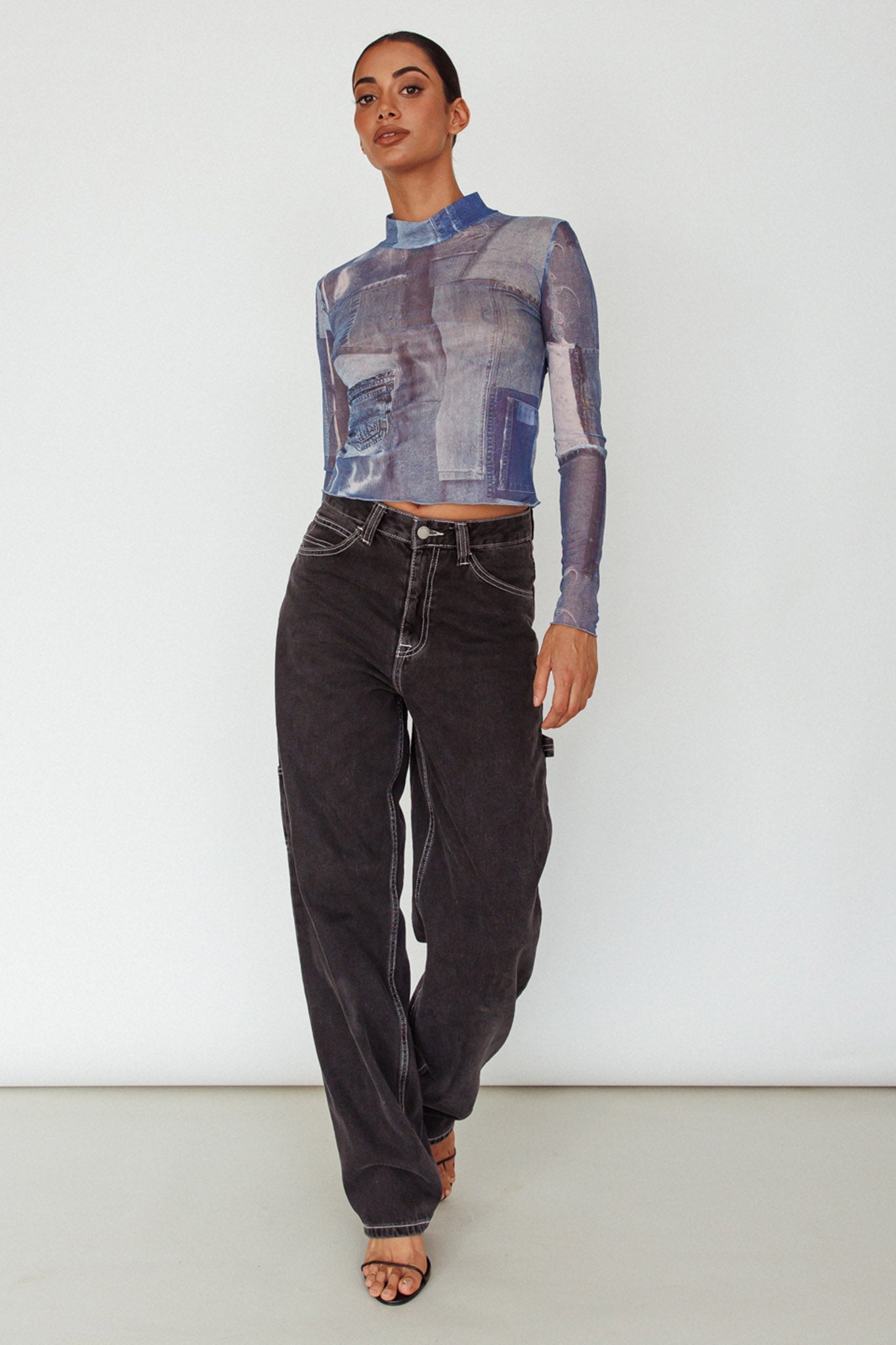 Giza Long Sleeve Mock Neck Top Print Denim Multi