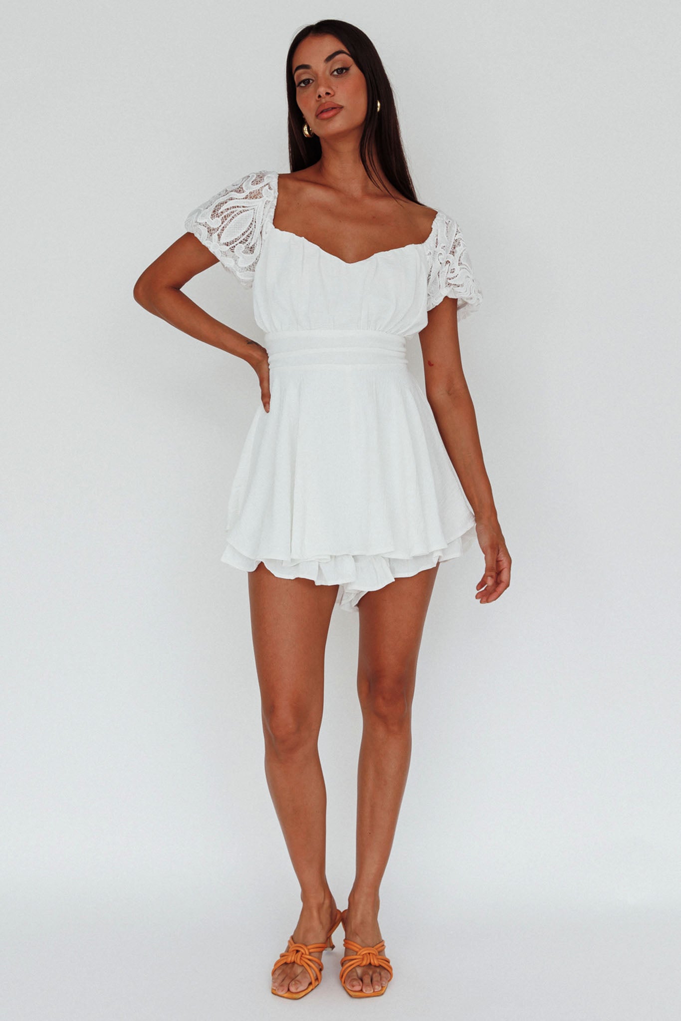 Lianah Lace Sleeve Tied Back Romper White