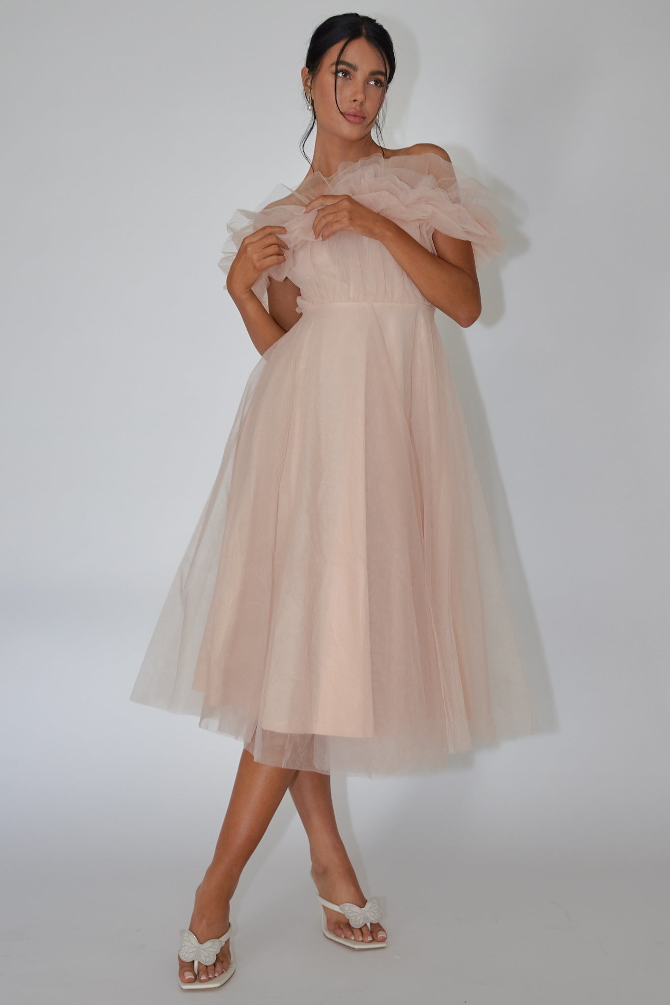 May Rose Off-Shoulder Tulle Midi Dress Taupe