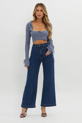 Pippi Flared Cuff Knit Crop Top Dusty Blue