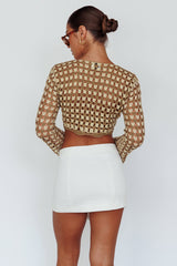 Maycie Long Sleeve Crochet Crop Top Taupe Multi