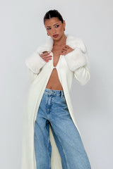 Snowflakes Fur Trim Longline Cardigan Coat Ivory