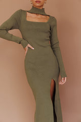 Get Acquainted Cut-Out Bust Midi Dress Olive