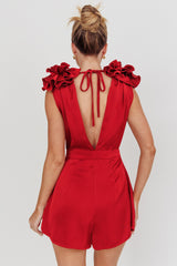 Superstar Draped Cowl Neck Rosettes Romper Wine
