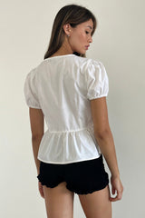 Scandi Puff Sleeve Tie Front Top White