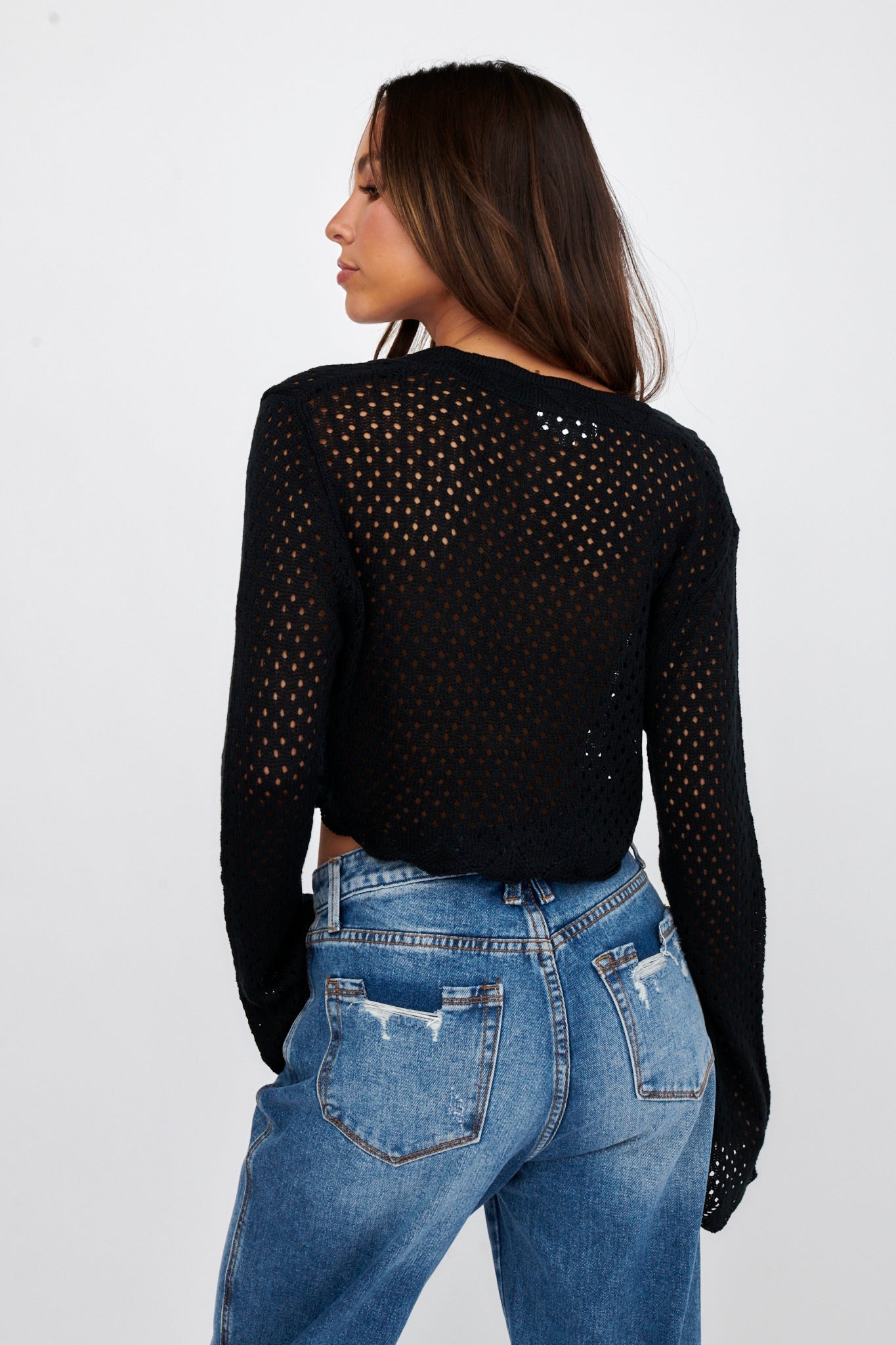 Moon Phase Long Sleeve Crochet Top Black