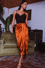 On The Money Gathered Midi Skirt Camel