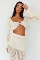 Serenity Sky Long Sleeve Crochet Crop Top Milk