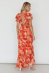 Lydiah Ruffle Sleeve Maxi Dress Floral Orange