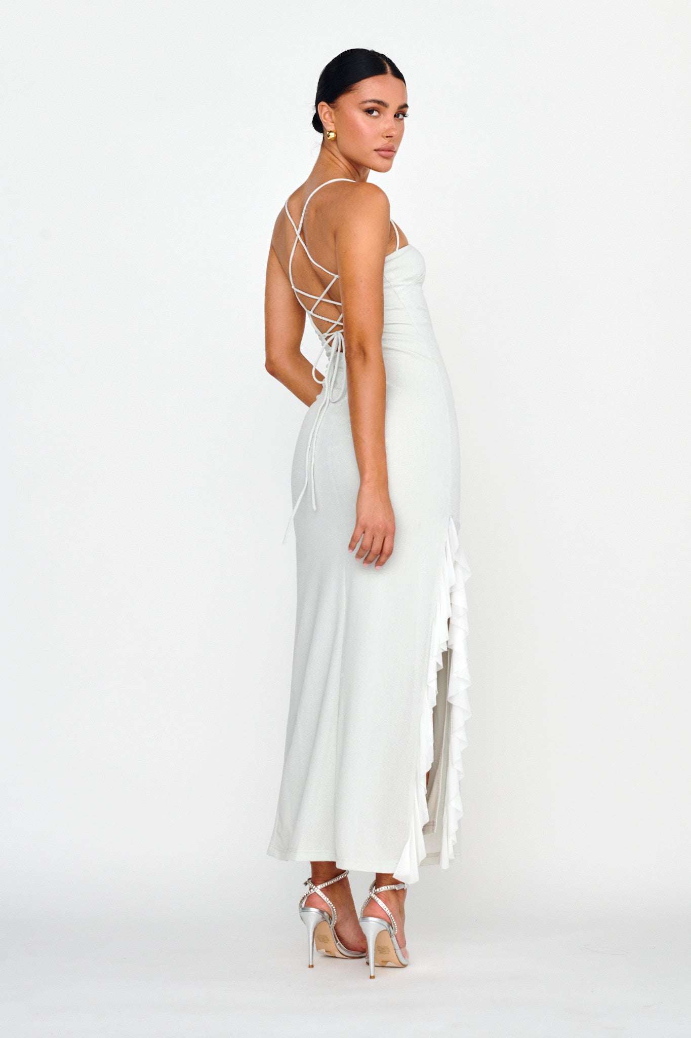 Rosilyn Split Ruffle Midi Dress Silver