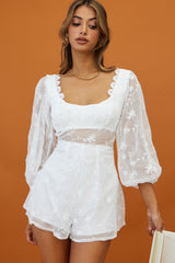 Delphine Balloon Sleeve Open Back Floral Embroidery Romper White