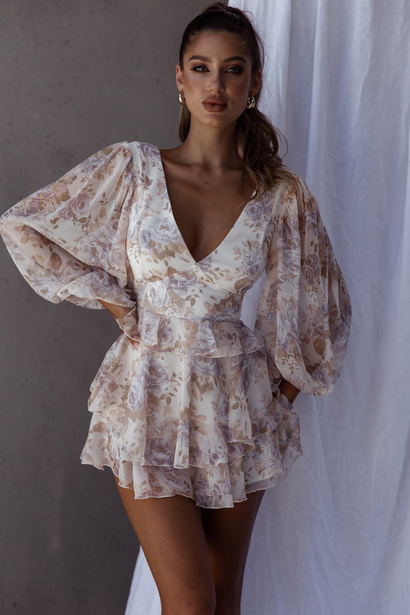 La Nena Frill Trim Flounce Romper Floral Cream