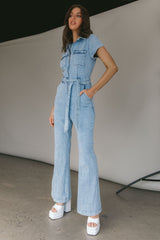 California Girl Short Sleeve Waist Tie Jumpsuit Denim Blue